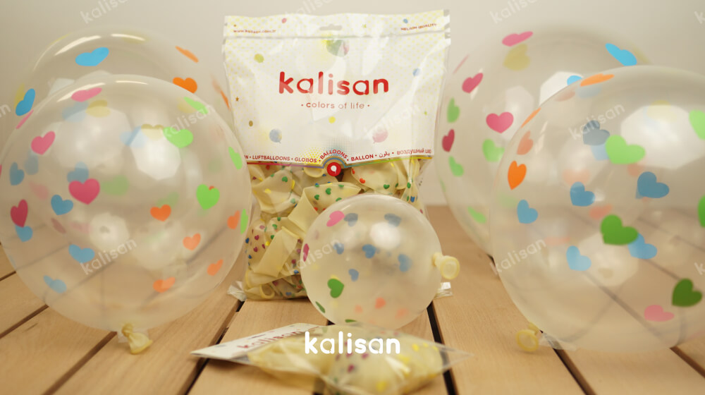 renkli kalp baskılı şeffaf balon