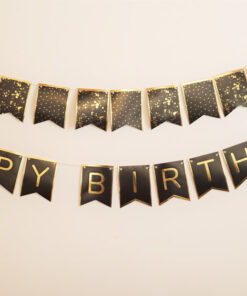 Happy Birthday Banner Siyah Üzeri Gold Yazılı