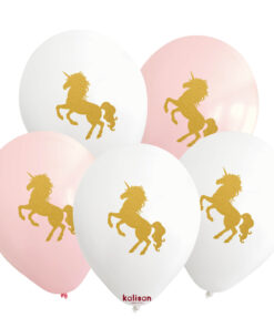 Gold Baskılı Unicorn Balon Beyaz - Pembe